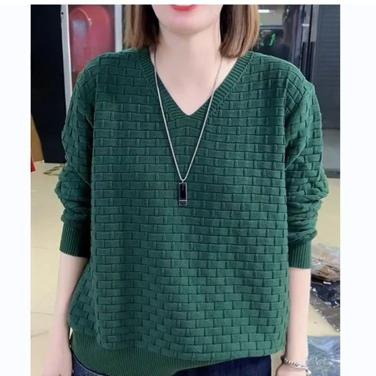Spring Plus Size Women's Long-sleeved Knit Sweater Mother Plus Fat To Increase V-neck Lazy Style Solid Color Loose Top