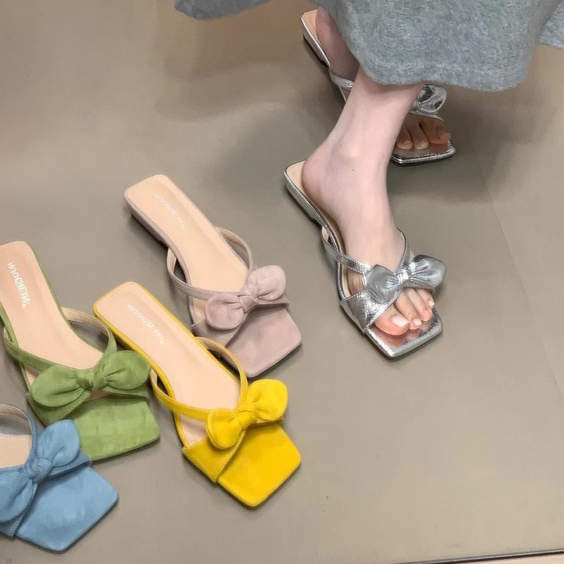 [Fan Gui]~ Low-heeled commuter one-word drag summer fairy style hollow and versatile outer wear sexy bow sandals