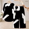 Women Plus Size Black White Printed Round Neck High Low Top And Long Pants Two Piece Set