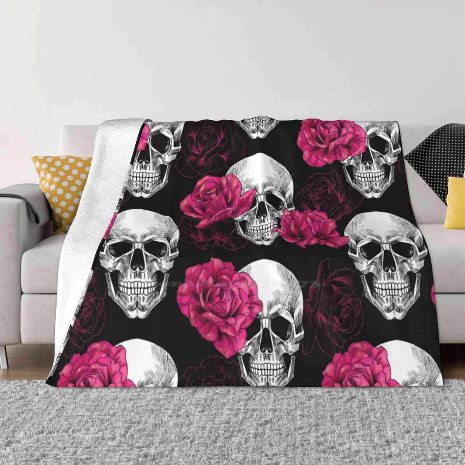 Roses And Skulls Fashion Soft Warm Flannel Blanket Rose Skull Pink Black White 30x40in