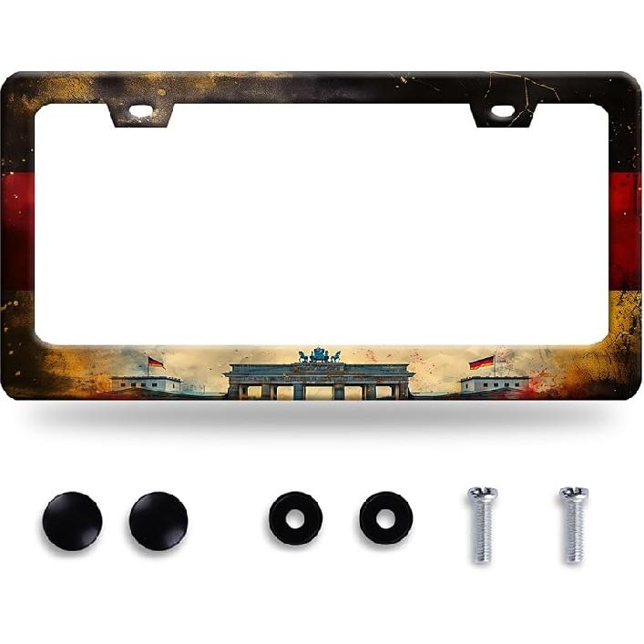 Grey Black American Flag License Plate Frame Vintage USA Flag License Plate Stainless Steel Funny License Plate Holder Patriotic Car Accessory Car Vintage German Flag Desig