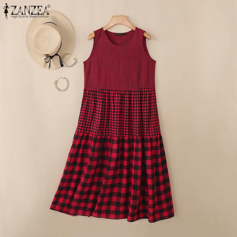 ZANZEA Womens Casual Round Neck Summer Grid Print Sleeveless Dress