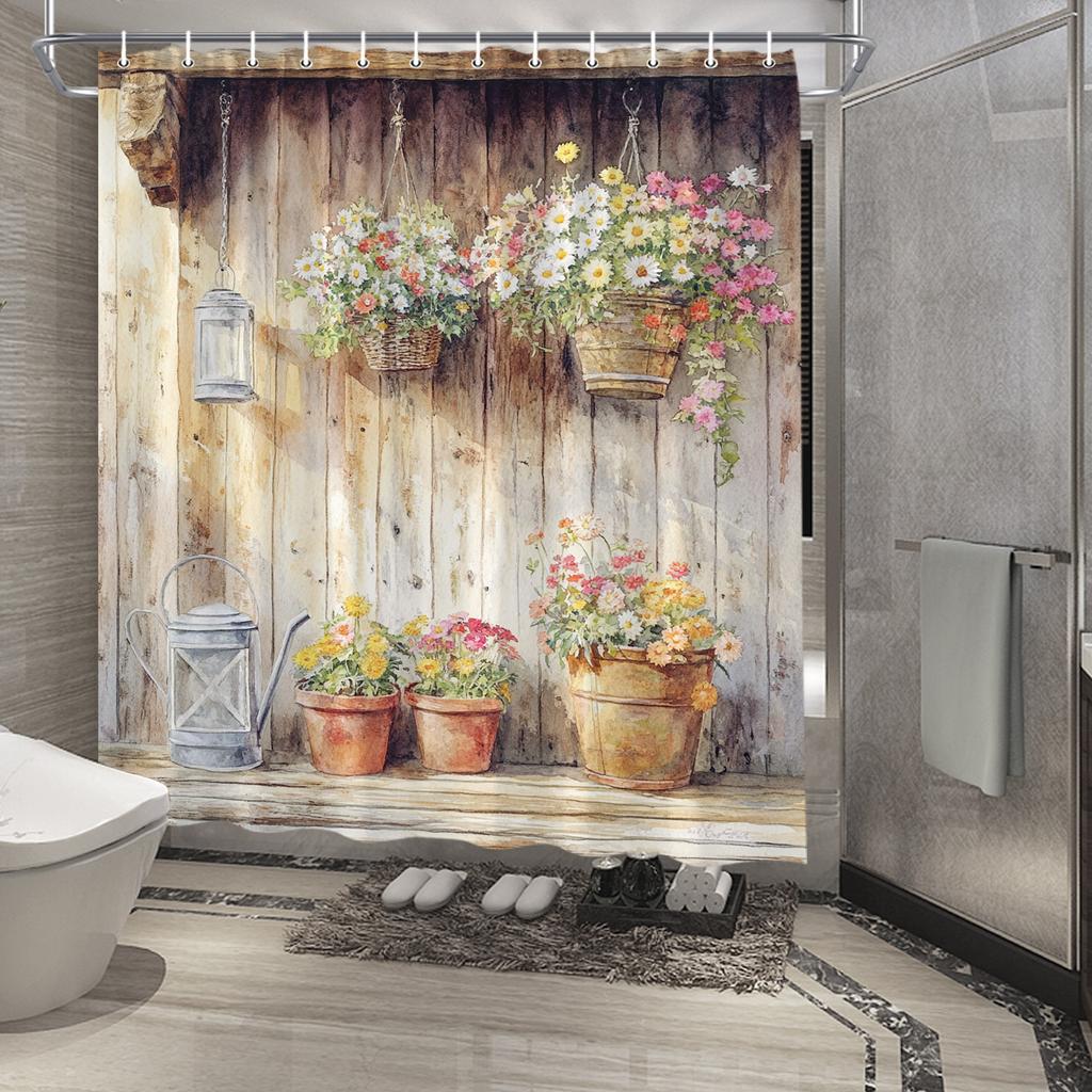 Vintage Garden Shower Curtain - Hanging Flower Baskets, Vibrant Flowers, Lanterns, Potted Plants,Ideal Bathroom Decor