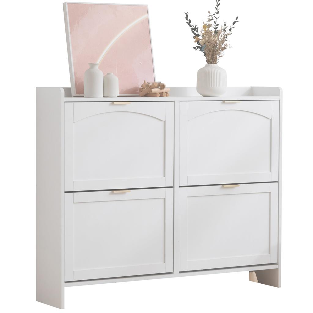 Modern Shoe Cabinet, with 4 Flap Compartments, Open Shelves, for Entrance Area or Hallway, White, Dimensions: W110/H90/D24 cm(OLD SKU:N657P201550W)