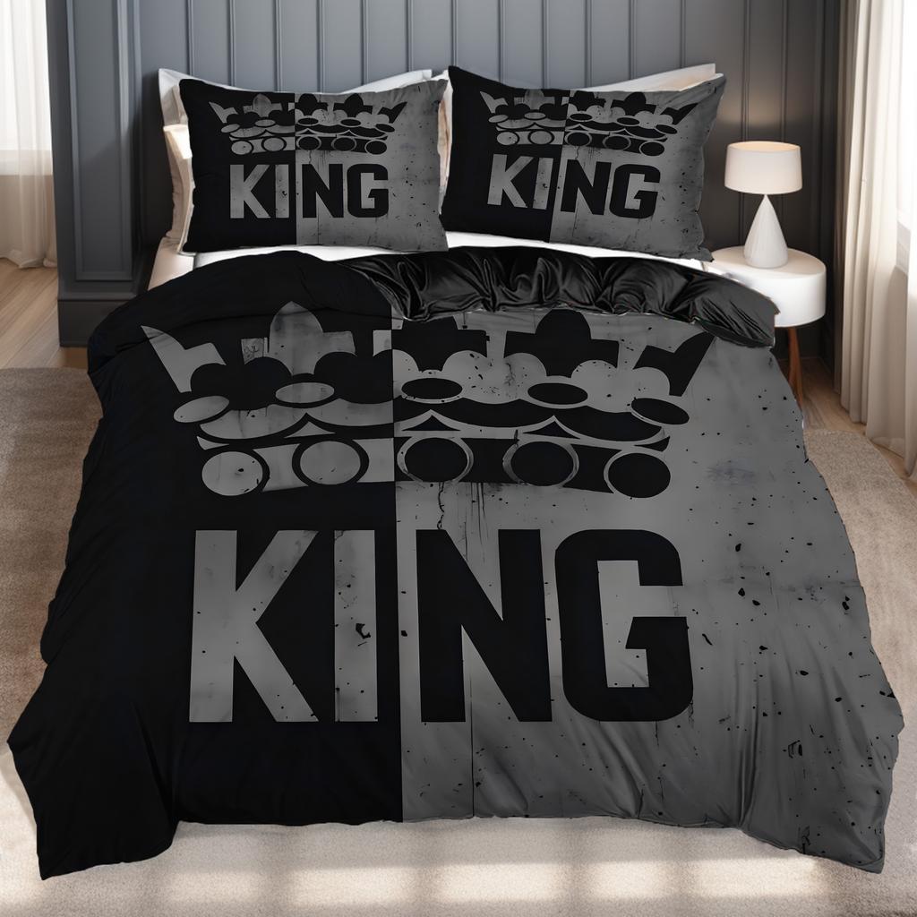 King'S Crown Pattern 3D Printed Couple Style Bedding Cover Grey Black Duvet Cover Set Soft Comfortable Polyester Quilt Cover Set