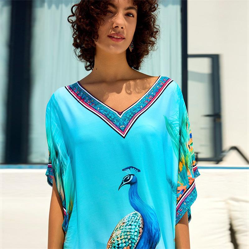 EDOLYNSA Elegant Plus Size Women Peacock Printed Boho Kaftan 2024 Summer V-Neck Bat Sleeve Beach Dress Swim Suit Cover Up House Dress Q1674