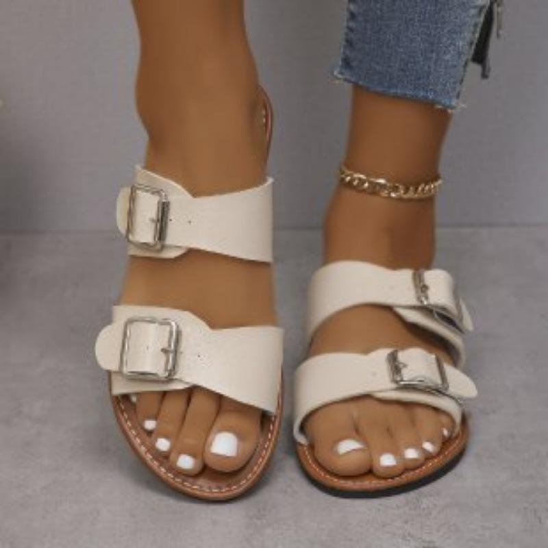 Open-toed Flat-bottomed Slippers Female Wish Large Size One-word Buckle Belt Outside Wearing Beach Cool Slippers Sandals