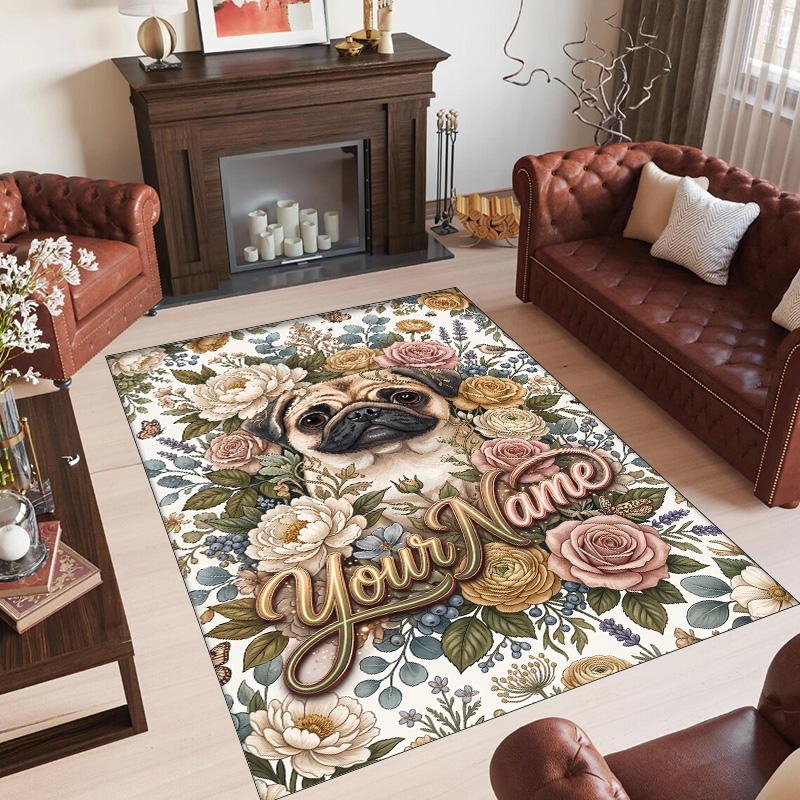 Pug Theme Crystal Velvet Floor Rug Personalized Custom Name Text Warm Carpet Home Decoration