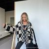 Womens Oversized V-Neck Knit Cardigan Sweater Mid-Length Plaid Street Style Soft Fabric Fall Winter 2026