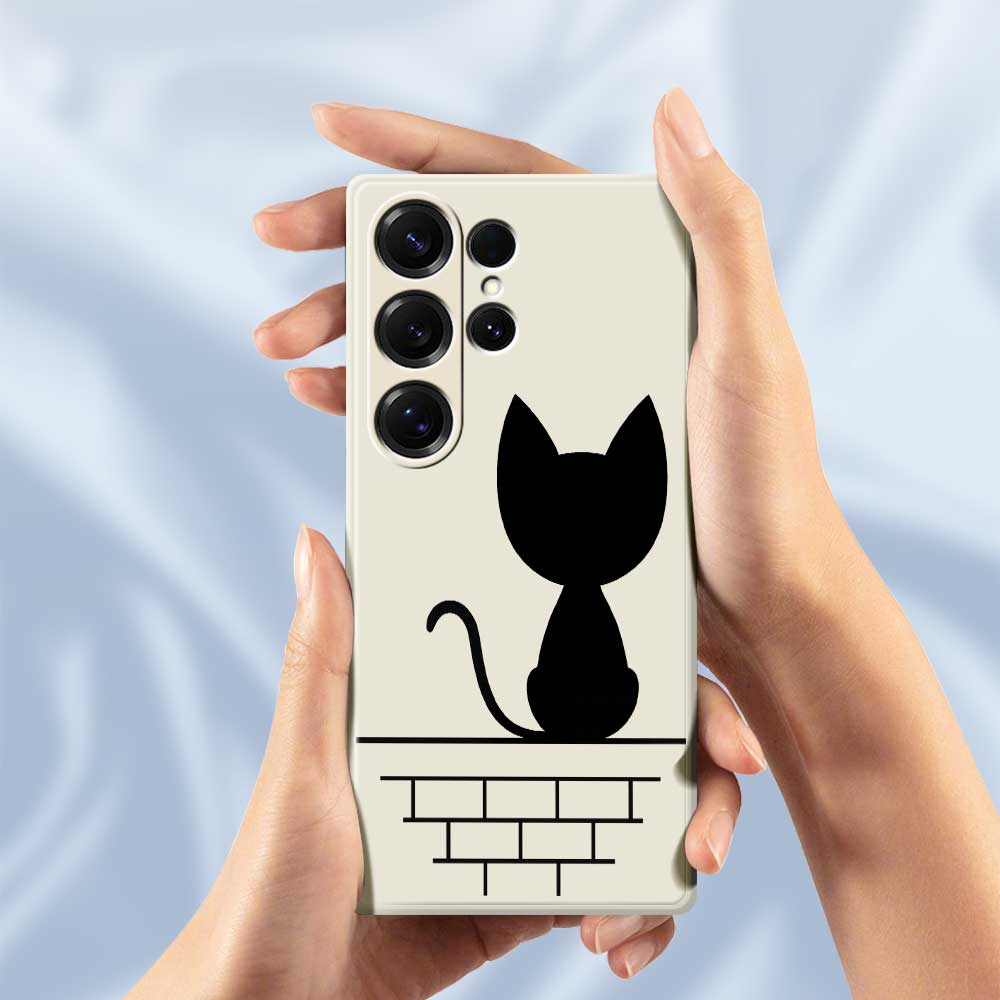 For Samsung Galaxy S25 Ultra Case Black Cat On the Wall Pattern Printing Straight Edge TPU Phone Back Cover