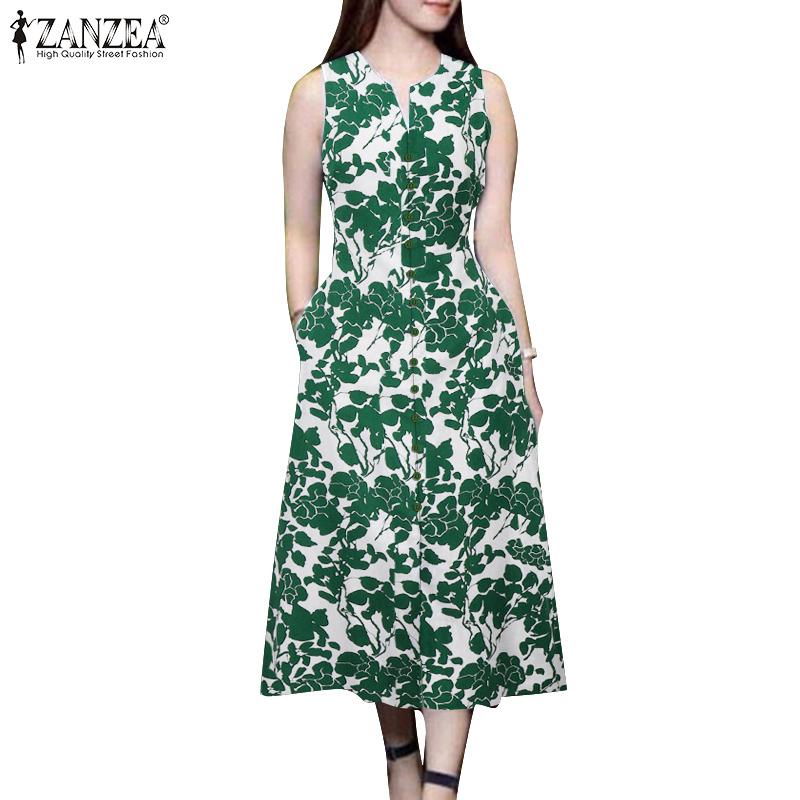 ZANZEA Women Summer V-Neck Casual Printing Sleeveless Dress