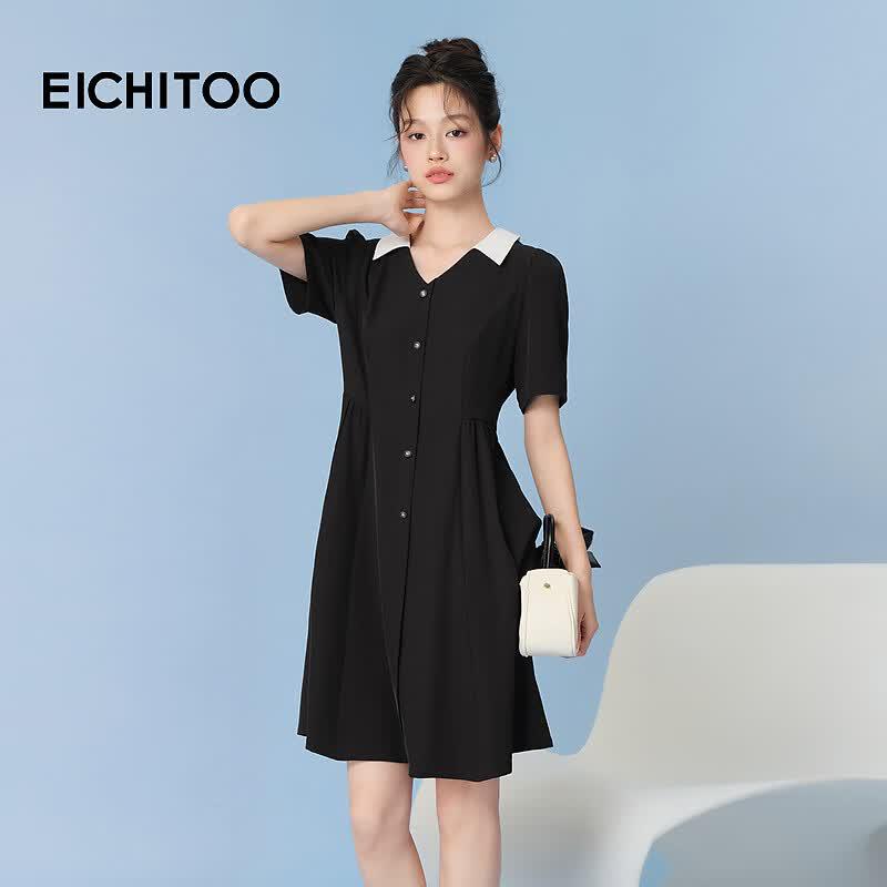 EICHITOO Color Block Lapel Short Sleeve A-Line Dress M