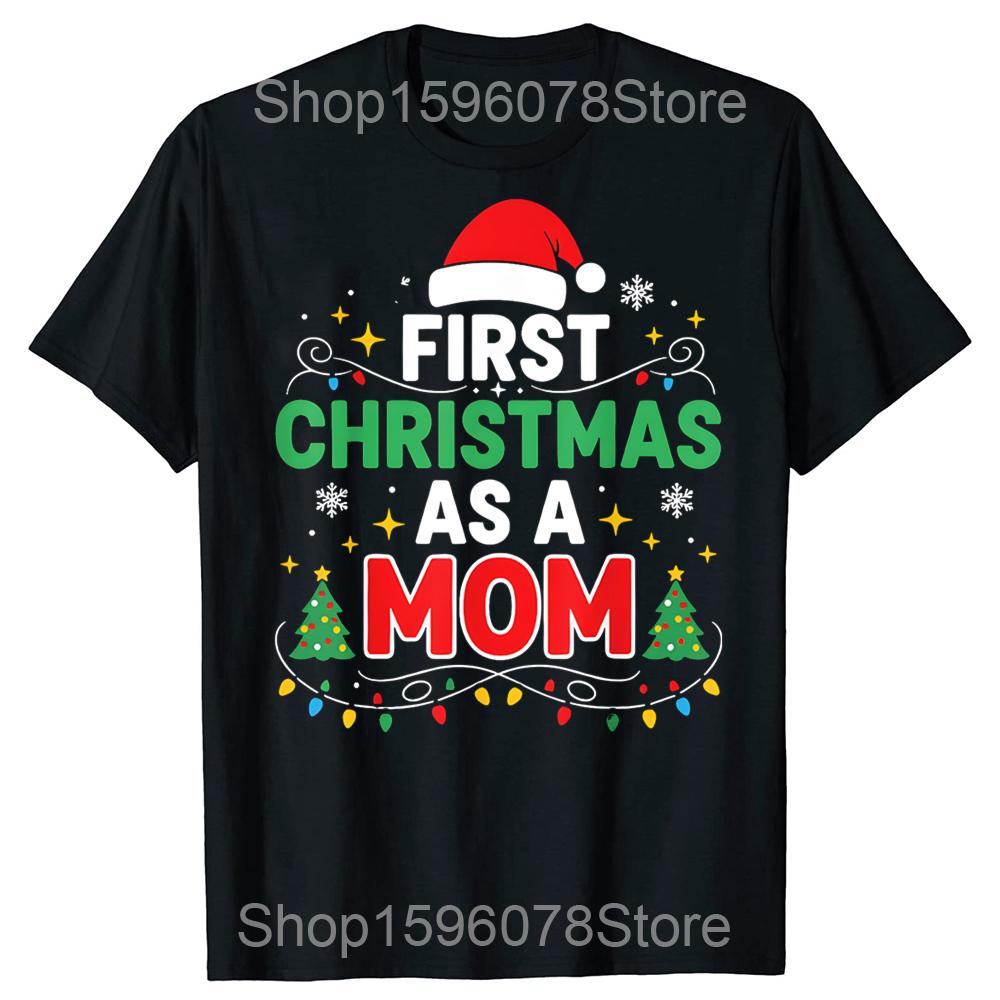 Erstes Weihnachten als Mama Familienpassende 1. Weihnachts-T-Shirts Herren 100% Baumwolle Locker Übergroß Rundhalsausschnitt Hip Hop T-Shirt