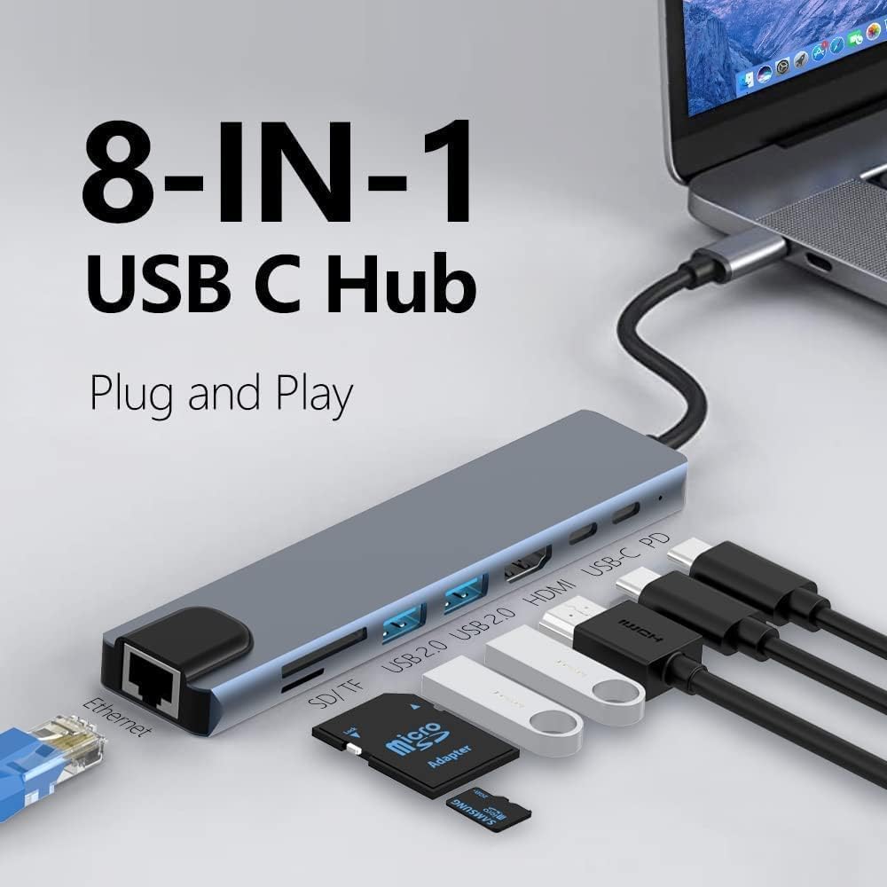 USB C Hub 8 In 1 Type C Hub Multiport Adapter with 4K HDMI/PD Power Delivery USB-C Ethernet 2 USB SD/TF Card Reader