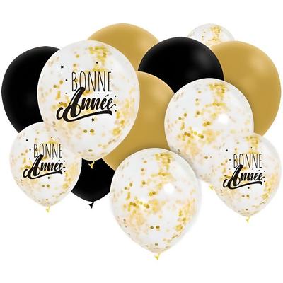 Bag of 12 Balloons (3 Happy New Year / 3 Gold / 3 Black / 3 Confetti) Multicolored