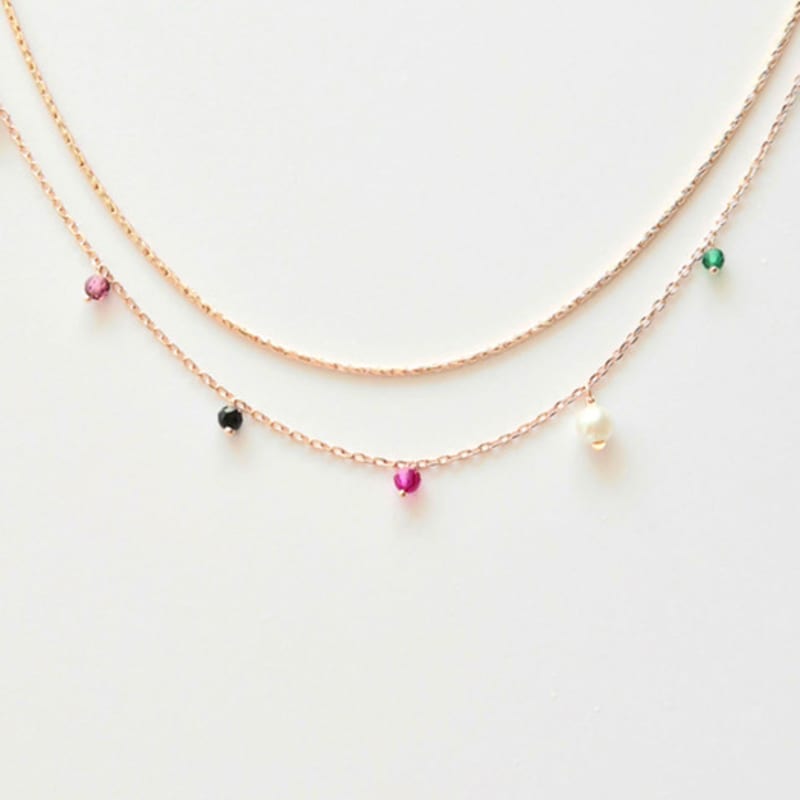 VOYONN Silver Double-Line Bracelet Rose Gold Setting Beads 0008