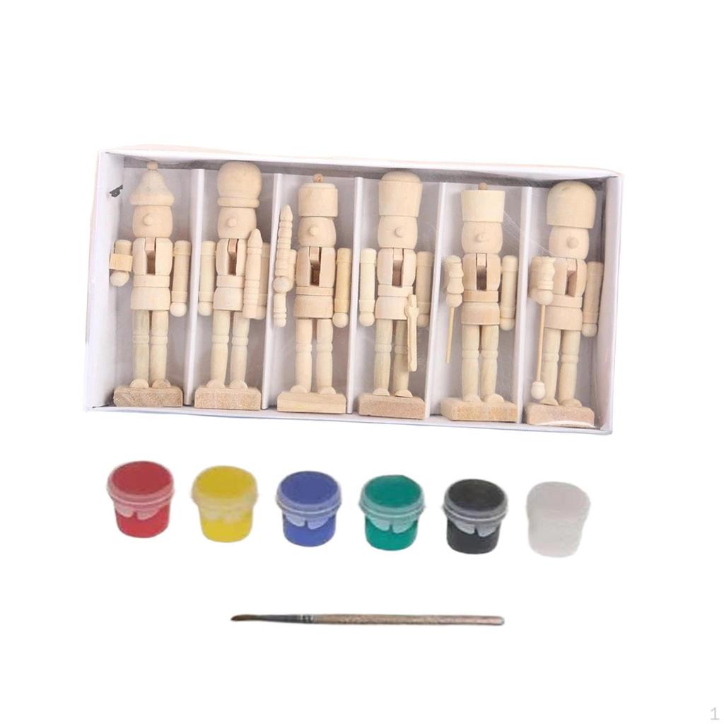 6 Pieces DIY Wooden Christmas Nutcrackers Desktop Ornaments Paintable Kids Crafts