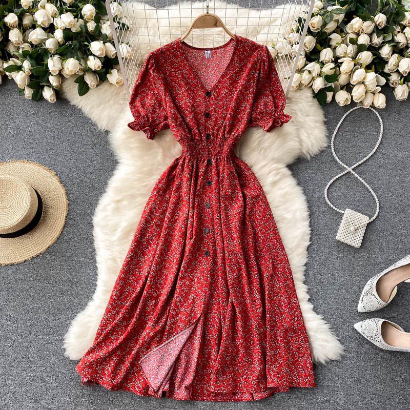 French-Style Retro Floral Dress with Puff Sleeves and Button-Up Slim Fit