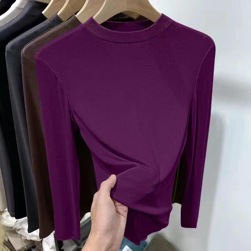 Tricou cu guler mic, față-verso din fleece, pentru femei, croială slim, cu mânecă lungă – Versatil pentru primăvară/toamnă, stil european, top cu nervuri