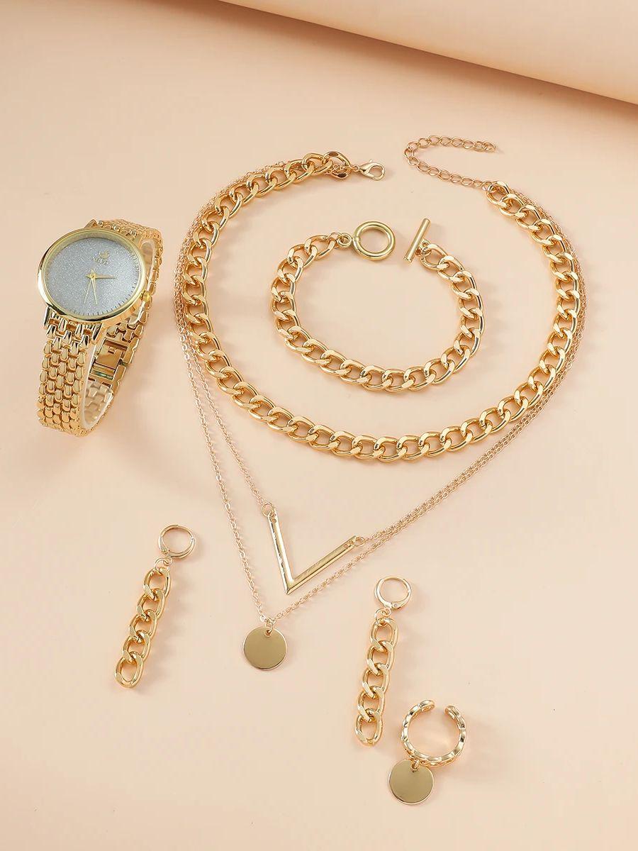 

Новый женский браслет-цепочка, серьги-цепочки, ожерелье, кольцо, набор кварцевых часов с круглым большим циферблатом и стальным ремешком, модный и универсальный золотой