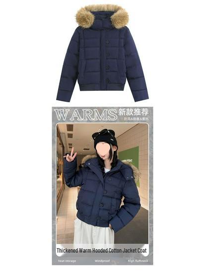 Women's Dark Blue Retro Winter Fur Collar Hooded Short Cotton Coat