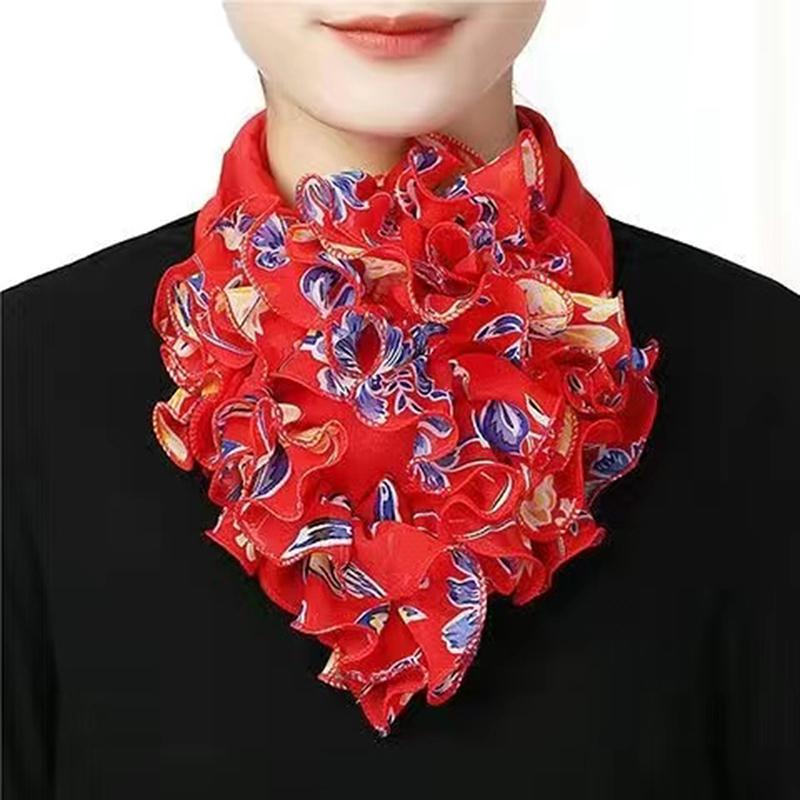 Floral Print Chiffon Neck Collar Ruffles Fake Collar Elegant Women Neckerchief Detachable Neck Warm Instant Scarf 23*14Cm