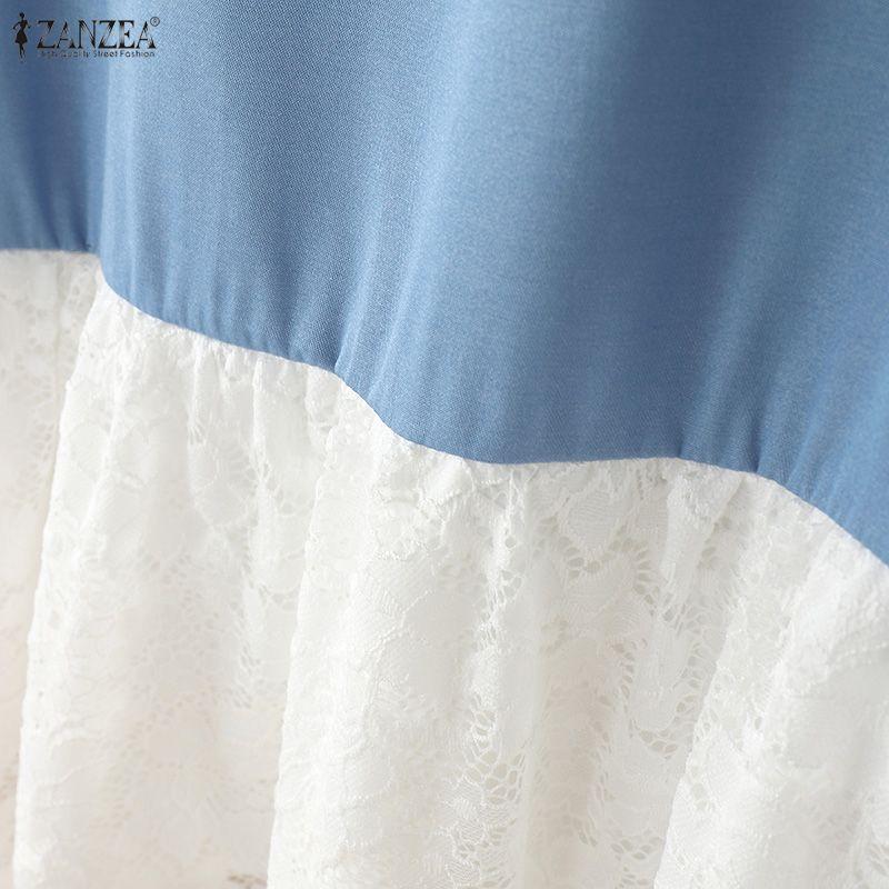 ZANZEA Women Casual Round Neck Short Sleeve Loose Lace Splice Dress