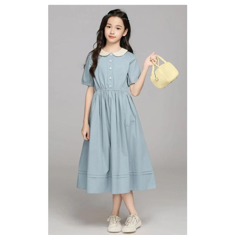 Summer Kids Preppy Student Waisted Party Dresses Child Clothes Teens Peter Pan Girls Daily Wear Button