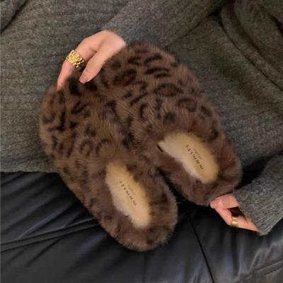 Leopardenfell Plateau Damen Hausschuhe Flats Pantoletten Winter Plüsch Baumwollschuhe Fad Slingback Flip Flops 2025 Trend Gemütliche Zapatos Mujer
