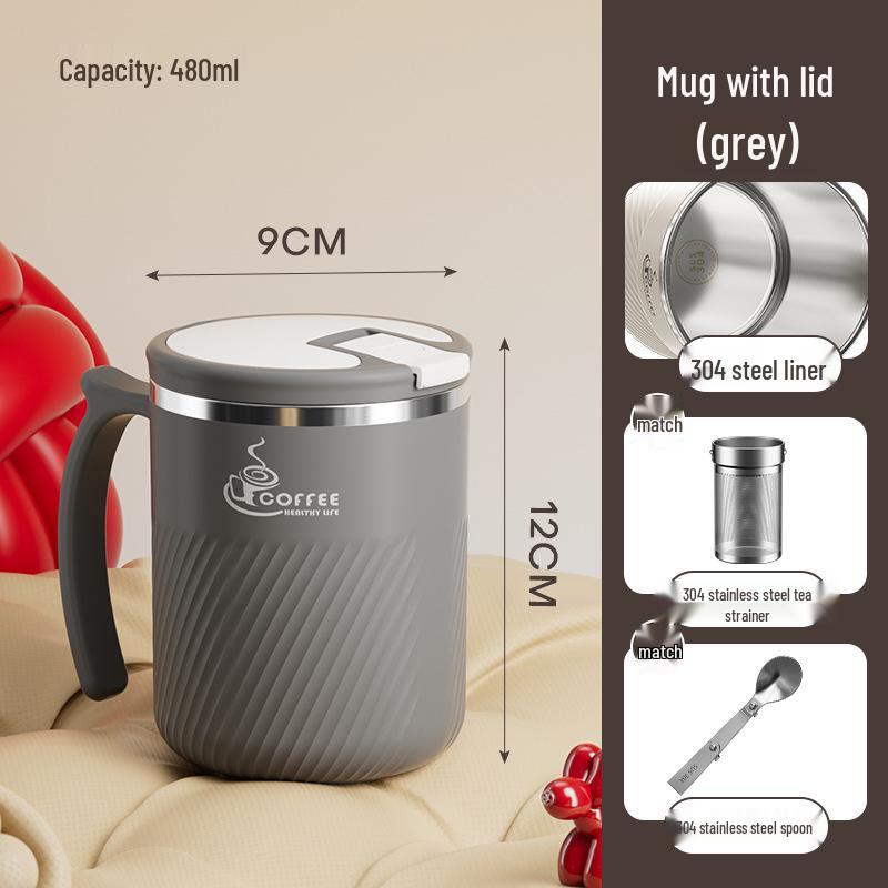 Portable Stainless Steel Mug with Lid, Spoon & Tea Infuser - Multi-Purpose Cup for Tea, Coffee, Milk, or Water.