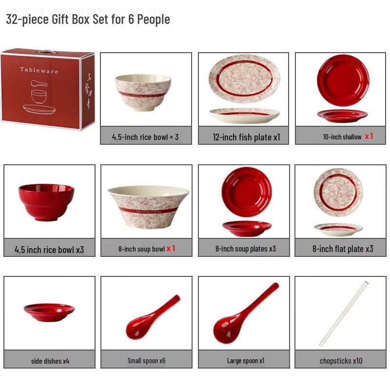 Red European Bone China Wedding Dinnerware Set - 6 Bowls