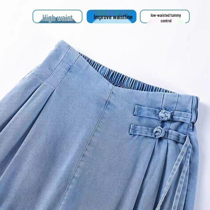 Women's National Style Tencel Button-Up Wide-Leg Jeans - 2026 Summer Slim Straight Casual Pants