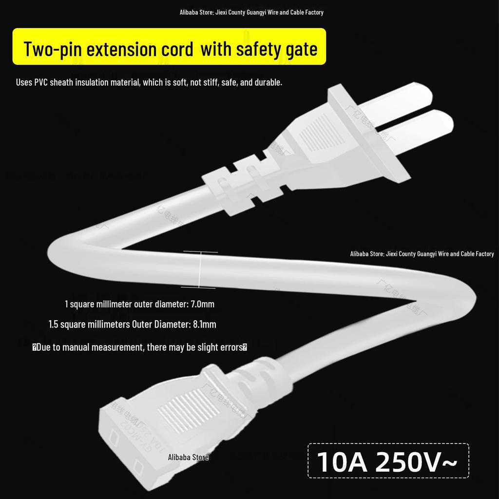 White 2-Pin Power Extension Cord with Male-Female TV Connector, 2-Core, Two-Hole, 1/1.5 Sq. Mm
