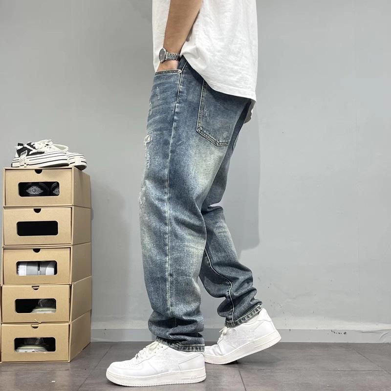 Calças Jeans Masculinas Casuais Americanas de Primavera Retrô Patchwork Retas de Caimento Solto Versáteis em Formato Cônico Poor Boy