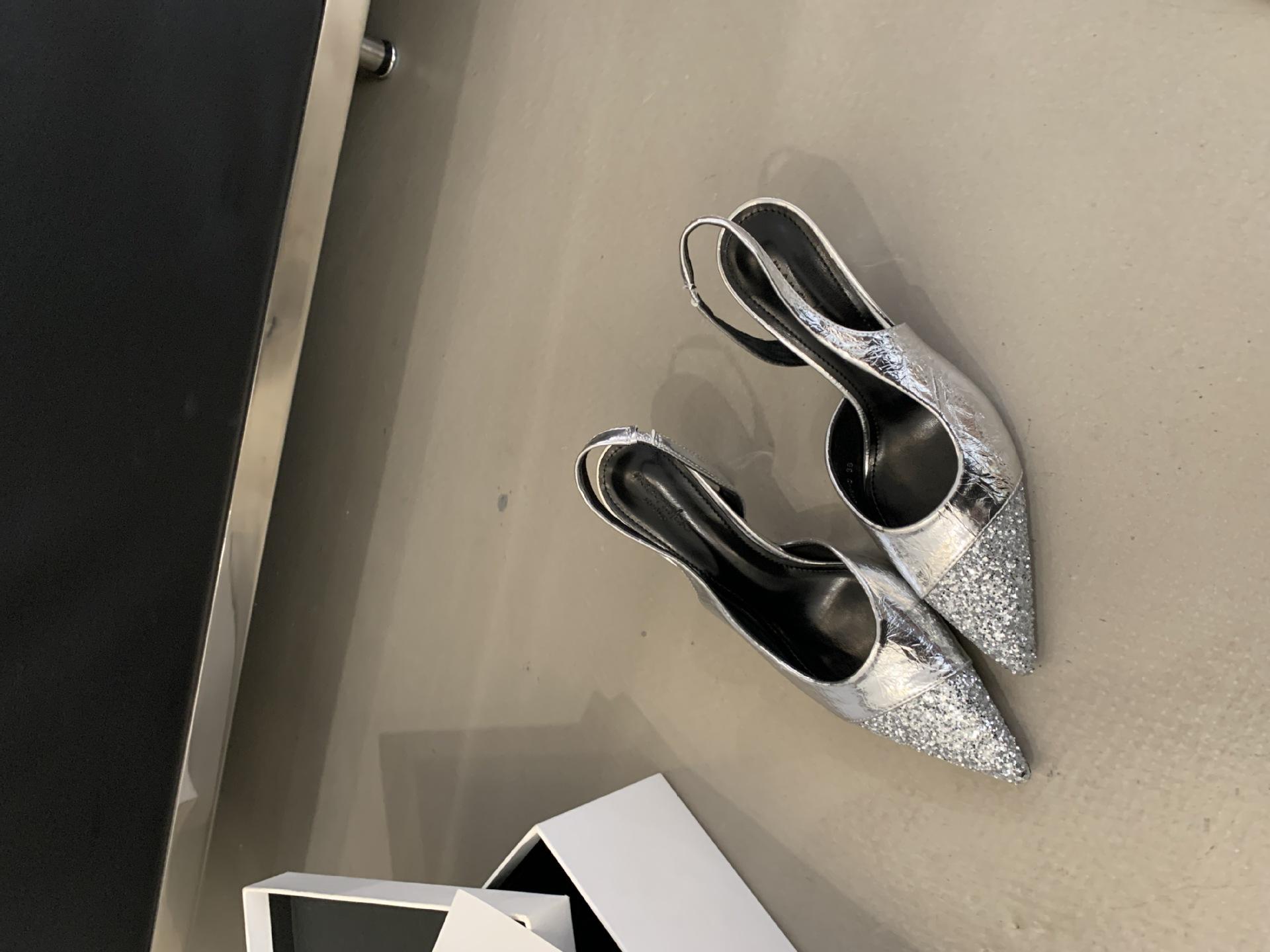 Women S Shoes Spring French Style Thin Heel Sequined Color Block High Heels Pointed Toe Sandalsskirt-Matching Low Cut Pumps 35 серебряный