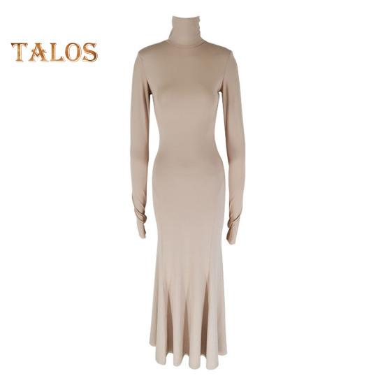 Women Evening Dress Long Sleeves Skinny Solid Color Sheath Hollow Back Floor Length Stretchy Half-high Collar Prom Party Maxi Dress