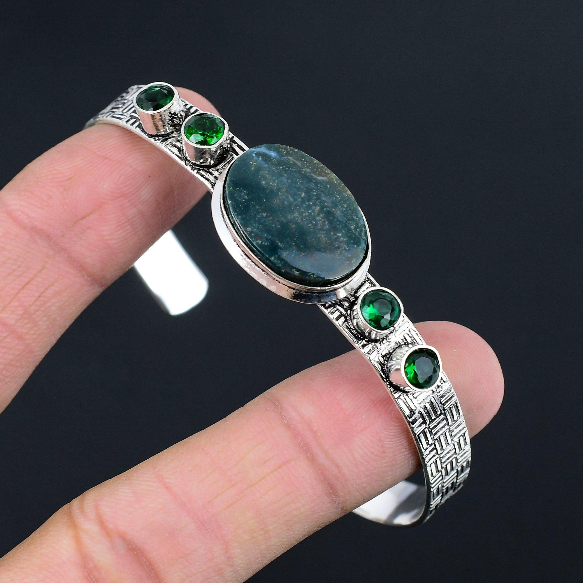 

Natural Bloodstone Gemstone Bangle Green Adjustable 925 Sterling Silver Jewelry Adjustable