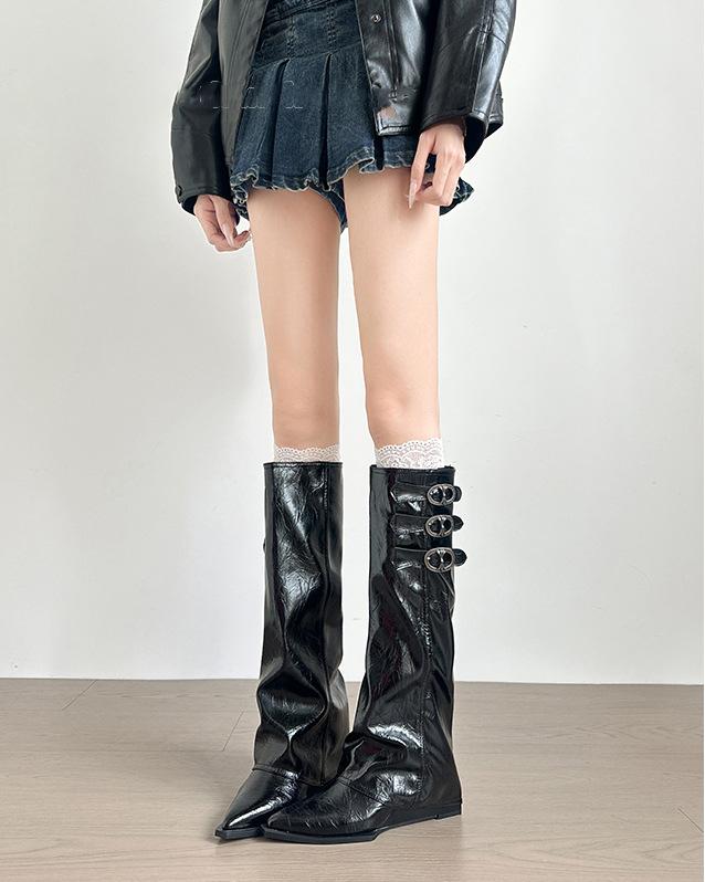 [Factory Spot] Pointed Inner Heightening Pants Boots Women's Belt Buckle White But Knee Boots Wedge Heel Knight
