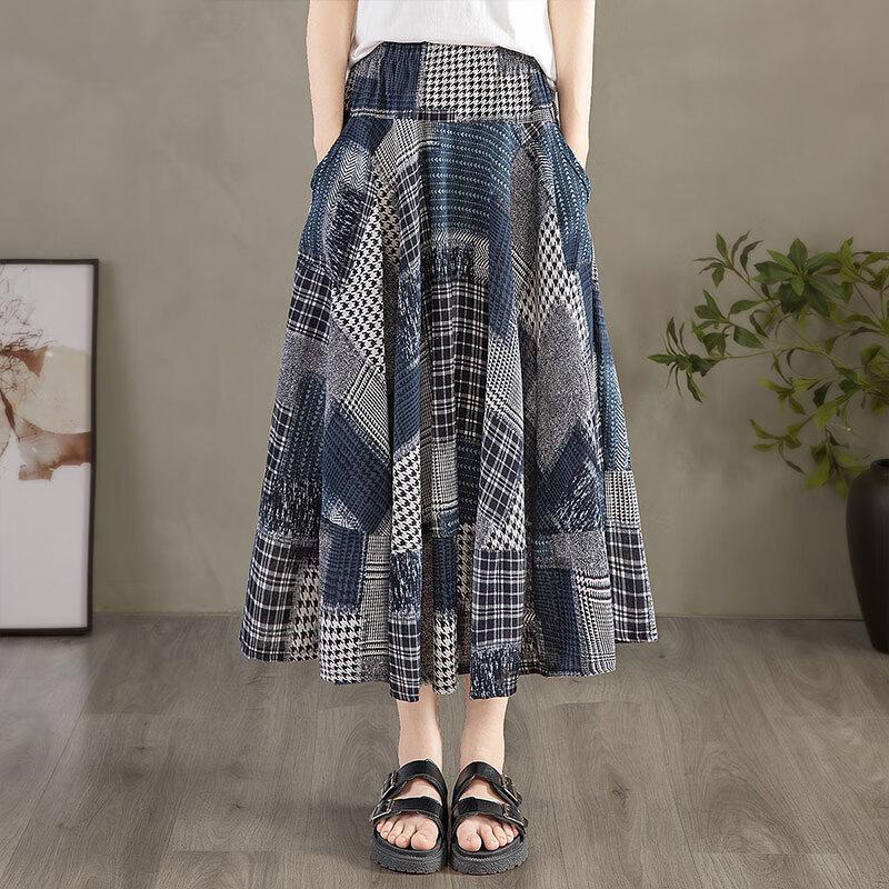 Sibaishe Elastic Waist Color-Block Plaid A-Line Midi Skirt One Size