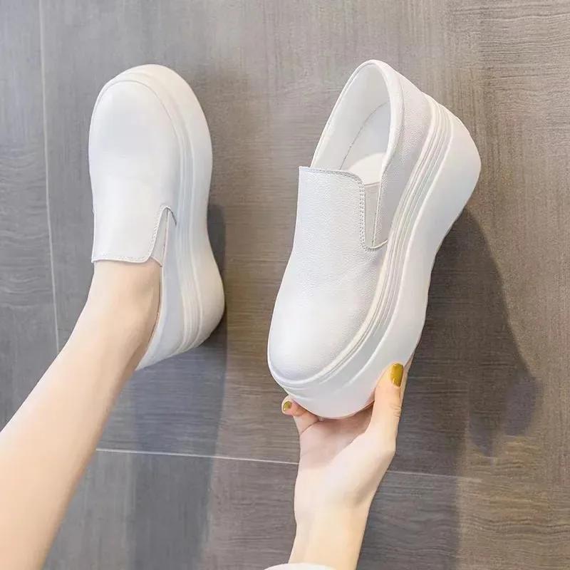 Fashion Autumn Loafer 8CM Platform Shoes Flats White Slip on Casual Shoes Slipony Women Sneakers Shoes Breathable Comfy Summer Sneakers