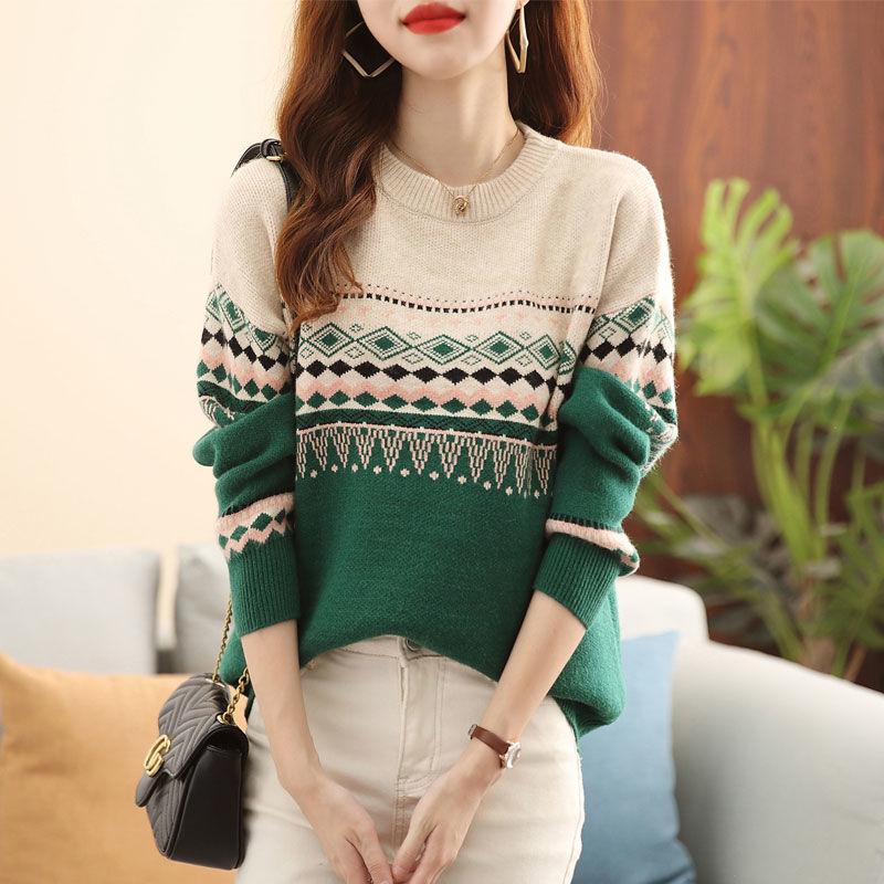 Sweater Women Loose Large-sized Round-neck Pullover for Women Korean-style Retro Color-blocked Knitted Sweater for Autumn and Winter