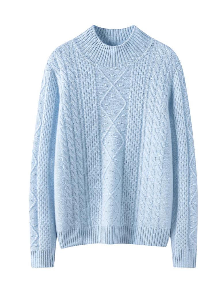 Women's Thickened Cashmere Half-High Neck Diamond Cable Knit Sweater - Long Sleeve Solid Color Pullover