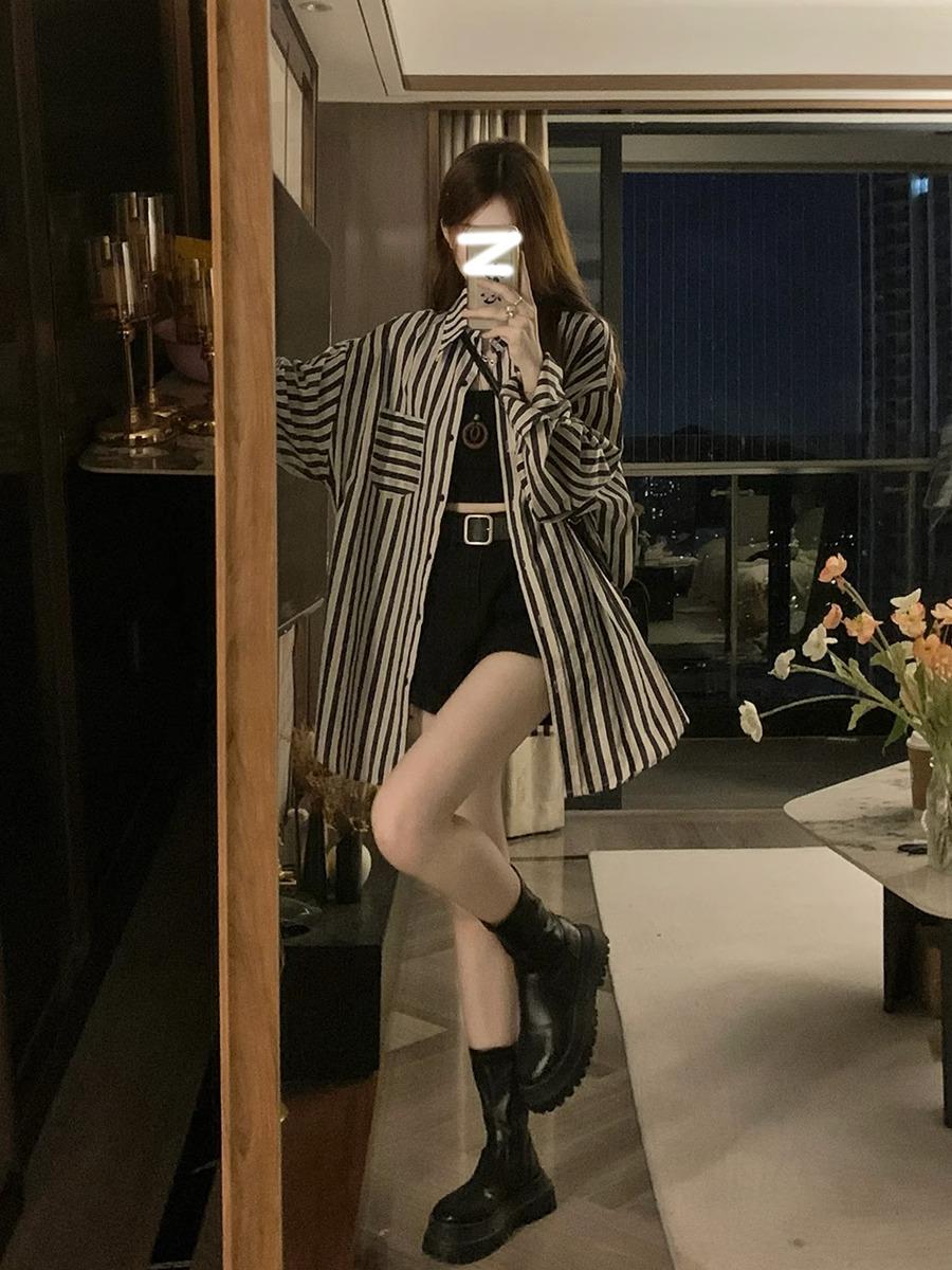 2025 New Women s Striped Long-Sleeve Shirt Jacket - Lazy Style, Loose Summer-Autumn Thin Outerwear Large