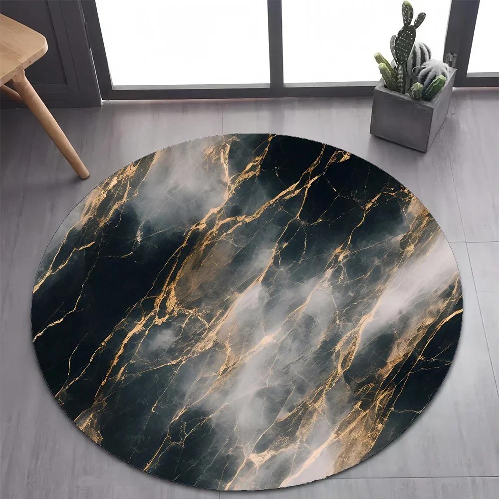 White Gold Marble Round Area Rug –Elegant Carpet for Bedroom or Living Room – Non-Slip Floor Mat, Pet-Friendly Modern Home Decor