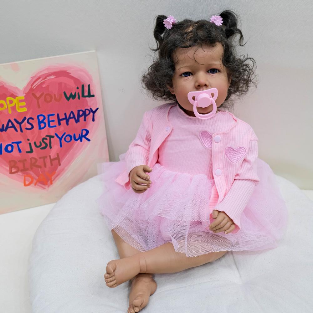 20'' 50 Cm Reborn Girl Baby Dolls Liam with Dark Skin Soft Cloth Body Simulation Dolls Handmade Rooted Curly Hair Lifelike Rebirth Doll Kids Xmas Gift