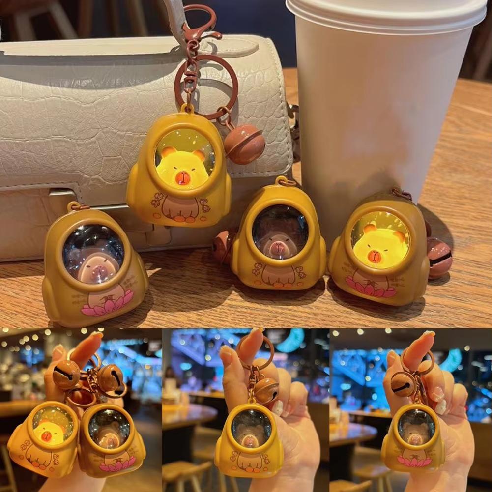 Creative Kapibala Luminous Keychain Cute Cartoon Space Capsule Capybara Keyring Schoolbag Pendant Trinket Friend Gift