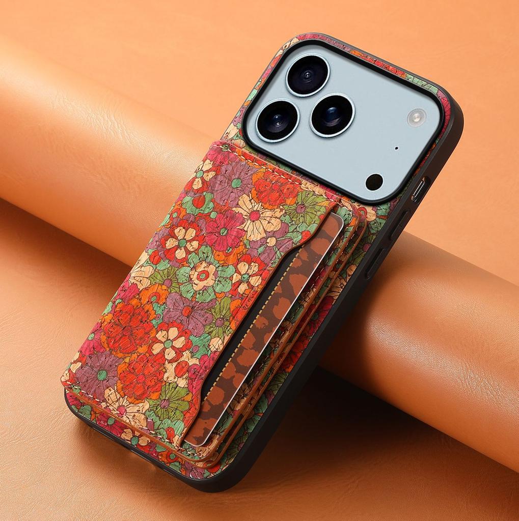 Flower Style Phone Case for iPhone 17 Pro Max 17Air 16e 16 15 Plus 14 13 12 11 Wine Cork Wood Synthetic Leather Card Slot Wallet