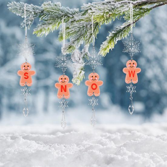 Christmas Gingerbread Man Letter Ornament Name Initial Gingerbread Hanging Decoration with Clear Acrylic Snowflake Icicle for Xmas Tree Party Decor