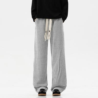 Striped Straight Pattern Men's High Street Sports Casual Autumn and Winter Elastic High Waist Contrast Pocket Trousers