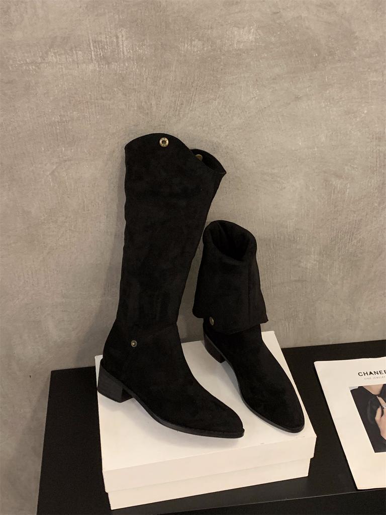 Coarse Heel V-mouth Skinny Boots Coffee Long Knight Boots Suede Pile Medium Long Boots